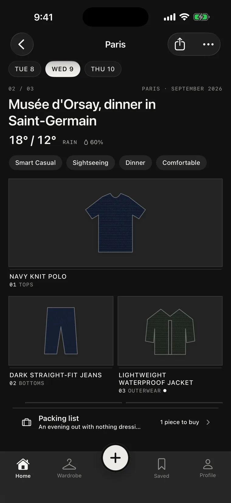 A day of a trip plan: Musée d'Orsay, dinner in Saint-Germain, 18°/12°, with the day's outfit laid out.
