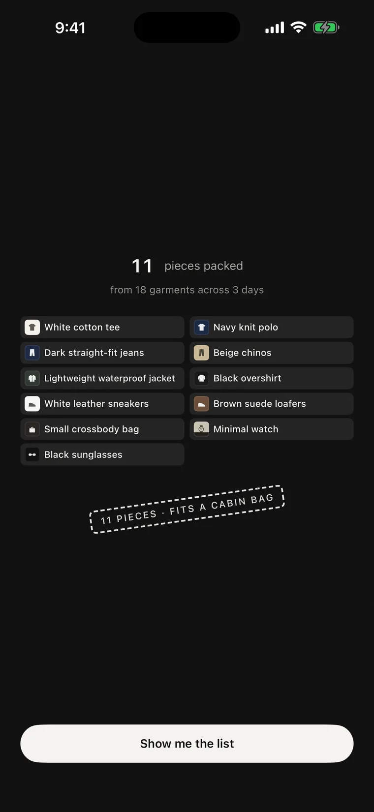 Eleven pieces packed, from eighteen garments across three days.