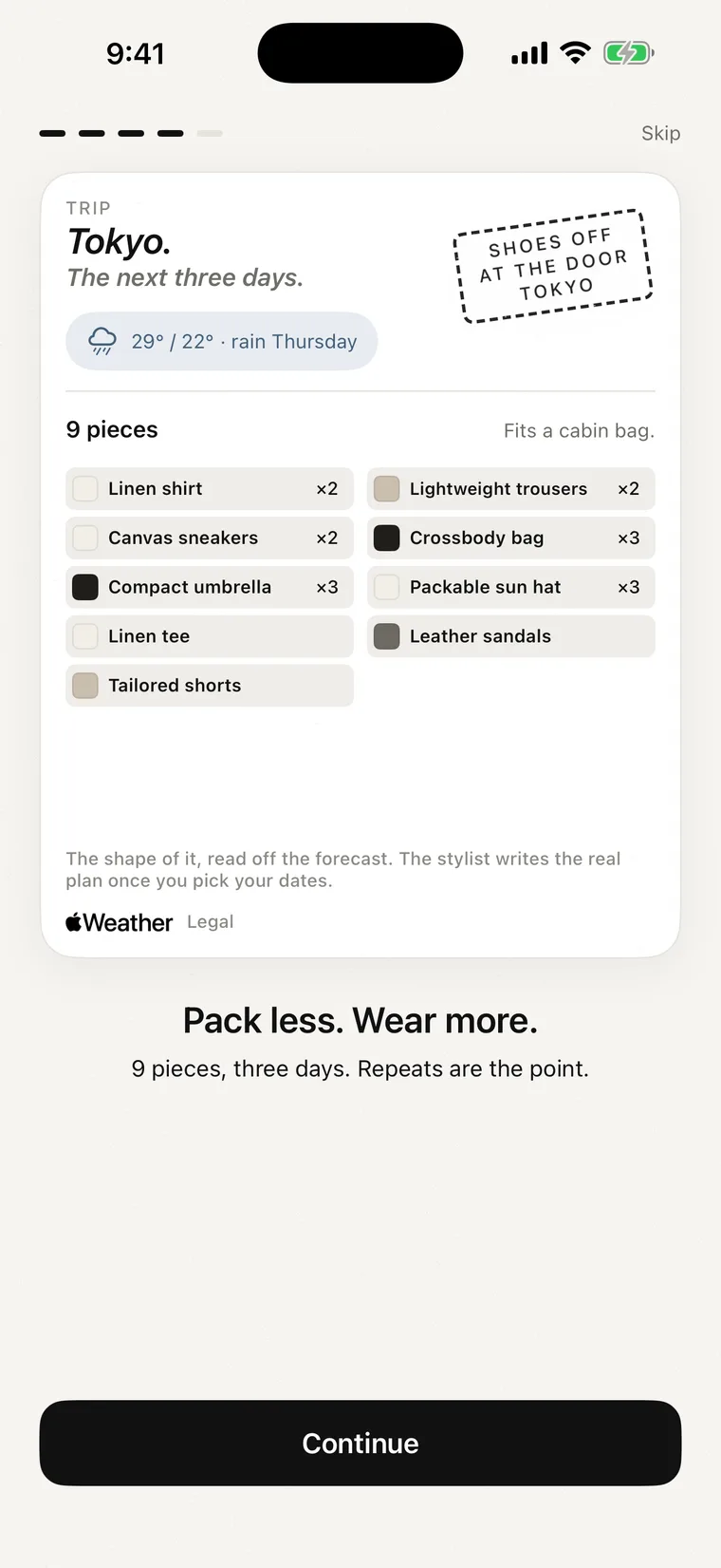 Tokyo, its three-day forecast and a capsule sized to it.